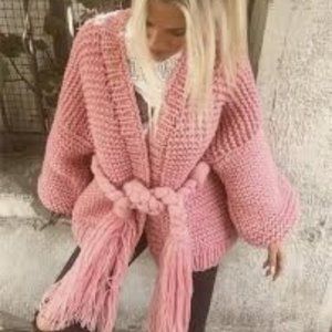 Barbiecore Oversized Cable Knit Sweater with braided belt and fringe!